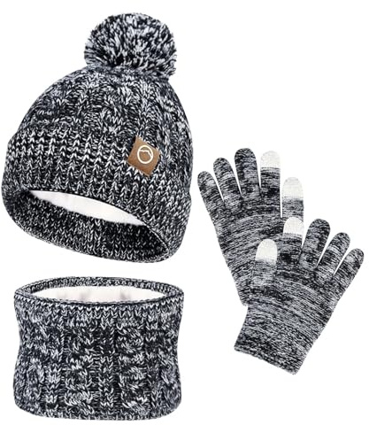 FCXVXCL Set Invernale Bambini 3 Pezzi Ragazze Cappello Sciarpa Guanti Set di Accessori Invernali Con Morbida Fodera di Berretto A Maglia Scaldacollo e Guanto Età 3-10 Anni Grigio