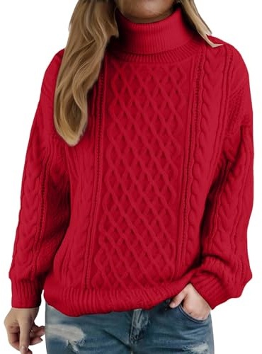Maglioni a maglia grossa oversize da donna in morbido pile tinta unita maglione da donna a maglia a collo alto a maniche lunghe pullover da donna casual caldo pile top per l'inverno, Rosso, M