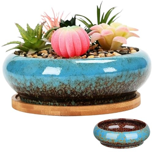 Macetero con forma de loto de agua, macetero con forma de loto, cerámica esmaltada, 7x2 pulgadas, redondo, decorativo, hidropónico poco profundo, sin drenaje, para lirio de agua, azul, hidropónico