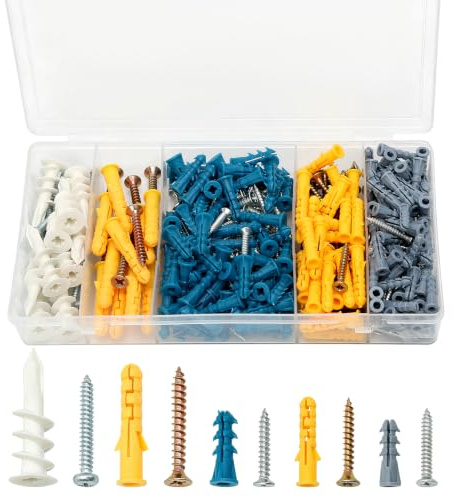 350 PCS Wall Plugs and Screws Set, Assorted Wall Fixings Set with Nylon Expansion Plugs, 5 Sizes Wall Anchor Assortment for Plasterboard, Brick, Concrete and Drywall
