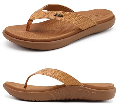 KuaiLu khaki Flip Flops Damen Leder Zehentrenner für Sommer Beach Frauen Bequeme Yoga Mat Tanga Sandalen für Plantar Fasciitis Größe 41EU
