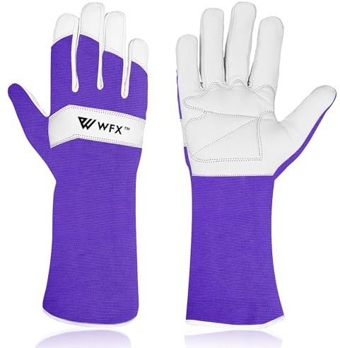 WFX Lange Gartenhandschuhe aus Leder für Damen, Herren, Damen, langlebig, Ziegenleder, Gartenhandschuhe, Unterarmschutz, dornensicher, Gärtnerarbeit, Rosenbeschneide, Geschenk (Lila, L)