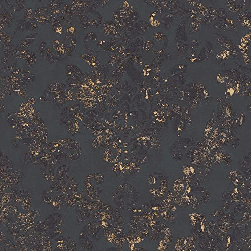 Papier peint baroque Profhome 374132-GU papier peint intissé légèrement texturé au style baroque mat noir or 5,33 m2