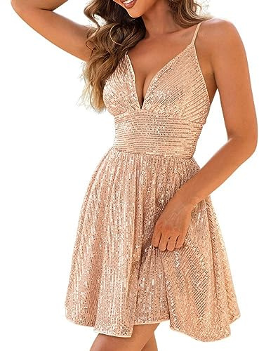 Damen Abendkleid Kurz Cocktailkleid Pailletten Glitzer Kleid Spaghettiträger Kleid Partykleid Paillettenkleid Glitzerkleid Bodycon Slim Fit Ärmelllos Sexy Wickelkleid Hochzeit Party Abendkleider