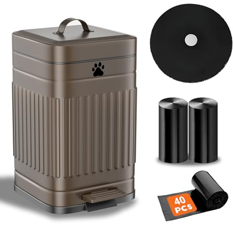 Kopuncare Dog Poop Trash Can Outside, 5L/1.3Gal Metal Dog Waste Trash Can with Lid, Foot Pedal, Pet Waste Container with 40 Bags, Poop Bucket with Lid Soft Close for Pet, Brown