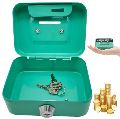 Cash Boxes with Keys, 4.5 Inch Iron Lockable Money Box with Coin Slot, Safe and Sturdy Petty Cash Tin Coin Bank with 2 Keys Gifts for Kids Adults Green Cash Tin Lockable Money Box Cash Boxes with Keys