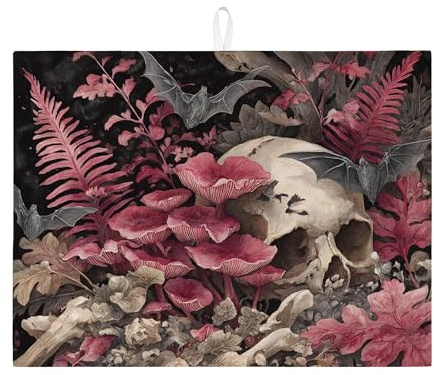 Gothic Floral Dish Drying Mats For Kitchen Counter, Dark Red Floral Absorbent Dish Drainer Mat, Vintage Microfiber Drying Pad For Coffee Bar 18x24 Inch