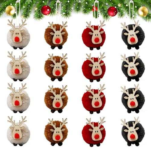 Sixfolo 16 Stück Rentier Weihnachtsbaumschmuck Elch WeihnachtsanhäNger Deko Süße Rentier Weihnachtsdeko Filz Holz Weihnachtsbaum Hängende für Christbaumschmuck und Party Deko,4 Farbe