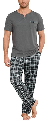 Bresdk Pigiami Uomo Estivi in Cotone Lungo Pigiami Due Pezzi Maniche Corte e Pantaloni Lunghi a Quadri con Tasche per Casa Morbido Loungewear,Grigio,XL