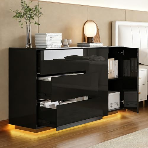 Julyue Armoire de Rangement avec 3 tiroirs et 2 Portes, Buffet TV Brillant avec éclairage LED, pour Salon et Salle à Manger (Noir, 160 x 35 x 76 cm)
