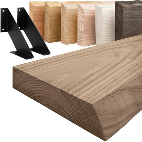 LAMO Manufaktur Holzregal mit schwarzen V-förmigen Halterungen | Wand Regal 140 cm breit für Badezimmer, Flur, Küche im Industrial-Stil | Farbe: Nussbaum, Kante: natürlich | Massivholz