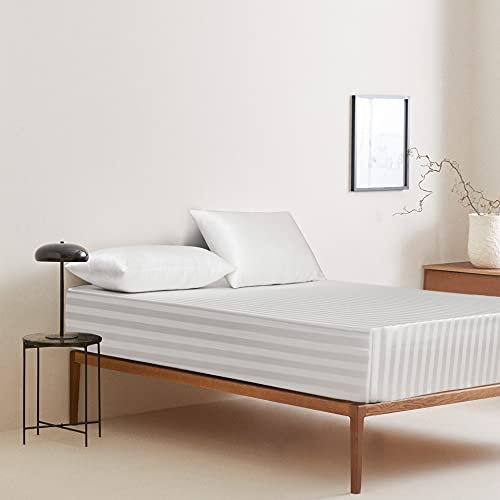 Damier Satin Spannbettlaken 100x200cm Weiß Gestreift Spannbetttuch Hochwertiges Satin Seide Glänzend Bettlaken, geeignet für Matratzen bis 25cm