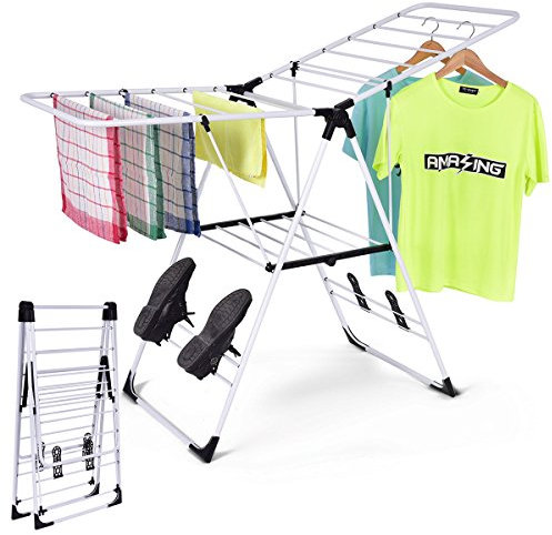 COSTWAY Sechoir à Linge Pliable, Étendoir Linge Interieur Pliable en Acier INOX 2 Niveaux, Tancarville Solide avec 19 Barres et 4 Porte-Chaussures, Seche Linge Intérieur Extérieur