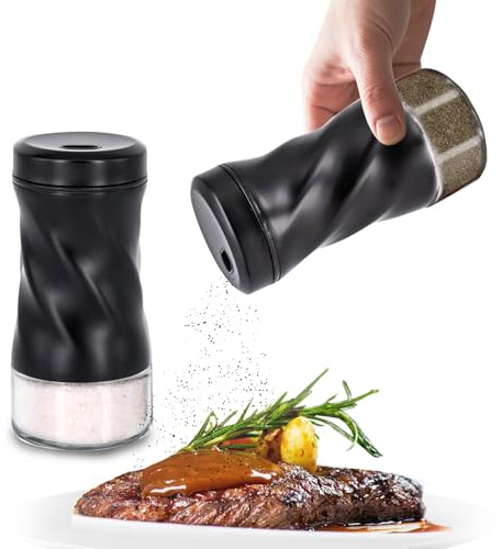Black Salt and Pepper Shakers with Adjustable Pour Hole by NEODACO, Modern Glass Salt Shaker with Stainless Steel Lids for Kitchen Gadgets Table, RV, Ideal for Himalayan, Kosher, and Black Pepper