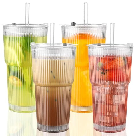 Lxoraziy 4 Pezzi 600ml Bicchiere Vetro con Cannuccia e Coperchio, Bicchieri Birra Vetro, Bicchieri da Caffè Ghiacciati, per Casa, Feste, Cocktail, Whisky, Vino