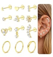 JeweBella 12PCS 18G Piercing Tragus Acier Chirurgical Boucles d'Oreilles Femme Argent Or Petites Piercing Helix Conch Oreille Cartilage Piercings anneau nez studs