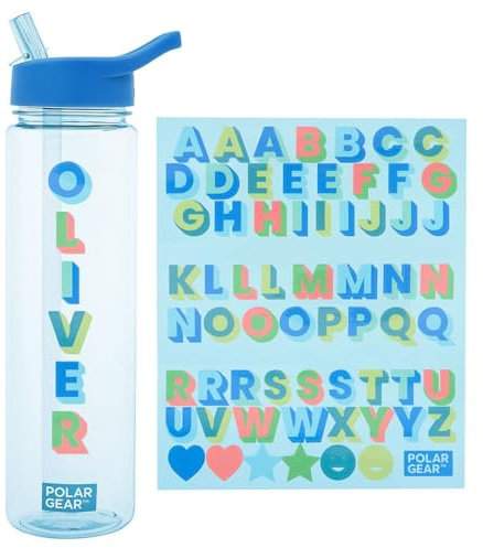 Polar Gear 600ml Kids Water Bottles with Straw and A-Z Sticker Sheet | Personalised Water Bottle Kids Can Decorate | Customisable Childrens Drinks Canteens for Boys and Girls for School, Sports, Home