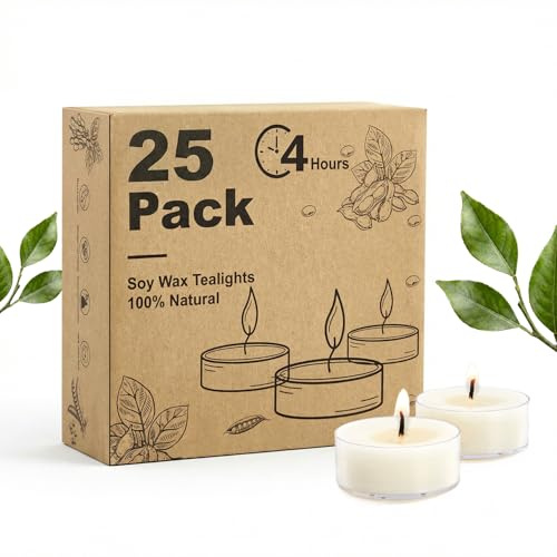 Hypmis Velas de Té de Cera de Soja, 25 Unidades, 4 Horas de Combustión, Sin Perfume y Sin Humo, Blancas con Cápsula Acrílica para Decoración y Bodas