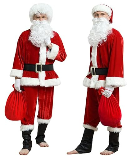 DDKJ Santa Costume Adult Men-Father Christmas Outfit Adult Santa Suits Men, Luxury Deluxe Velvet Santa Claus Costume Adults Size,Xmas Red Cosplay Outfits,Professional Clothes Set for Holiday,Party