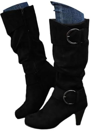Xbemkste västerländska stövlar dam, långa stövlar med klack, mocka, slouchy stövlar, vida stövlar, vintage, höga stövlar, knähöga stövlar, varma vinterstövlar, ridstövlar, svart, 37 EU