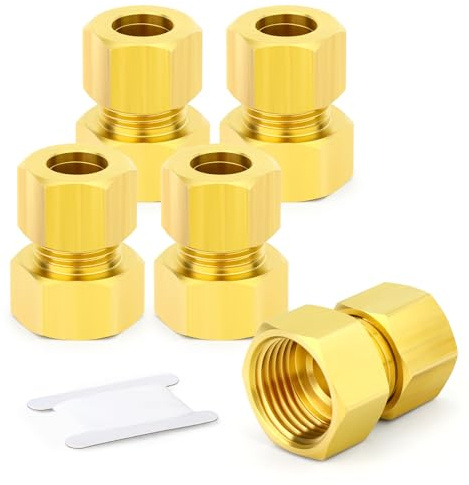 TAILONZ PNEUMATIC 5 Piezas Racor de Compresión de Latón, Adaptador Recto Roscado Hembra de 10mm OD x 1/4, Conector de Tubo para Tuberías de Cobre, Plástico y Aluminio
