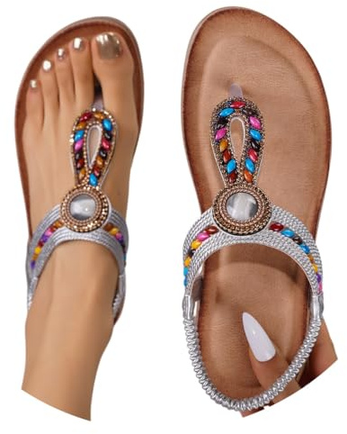 Genérico sandalias mujer,planas con tiras en T y cuentas para,con piedras preciosas de colores y elástico De Goma (Silver,42)