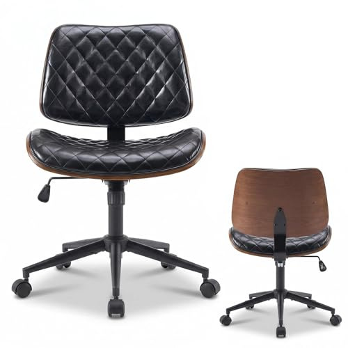 FurniSoar Bürostuhl Schwarz mit Stabiler Holzstützung, Schreibtischstuhl ohne Armlehne, Drehstuhl Büro mit Rollen, Hochwertiger Bürostuhl Leder Optik, Drehsessel für Home Office & Arbeitszimmer
