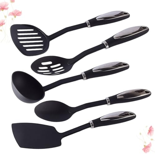 GATHINESS Set Utensili da Cucina in Nylon 5 Pezzi Nero Antiaderente Facile da Pulire Mestolo Cucchiaio e Spatola per Uso Quotidiano in Cucina
