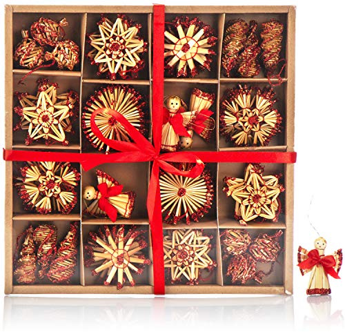 com-four® 56-teiliges Strohsterne Set, verzierte Sterne, Glocken, Tannen | und traditionelle Figuren - kleine Stroh-Anhänger - besonderer Christbaum-Behang - Bauernchristbaumschmuck