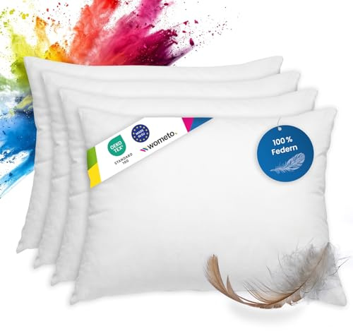 wometo Lot de 4 oreillers 100% Plumes 40x60 cm - 600g oekoTex Coussin de Remplissage Housse Coton Blanc I Coussin intérieur/Remplissage de Coussin/Petit Oreiller (4 pièces)