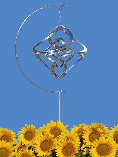 POMMERNTRAUM ® | GROSSES Edelstahlwindspiel MIT STÄNDER Windspiel Edelstahl Winddancer Unruhe Double-Twister Gartenstecker Gartenkunst (MIT STÄNDER)