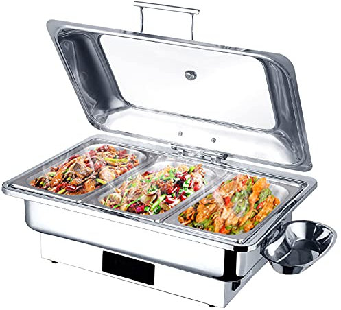Scalda Vivande Elettrico Buffet, Scaldavivande per Feste Buffet in Acciaio Inox, Buffet Server Elettrico Vassoio Acciaio Inox Chafing Dish con Display Della Temperatura, Copertura in Vetro Visivo
