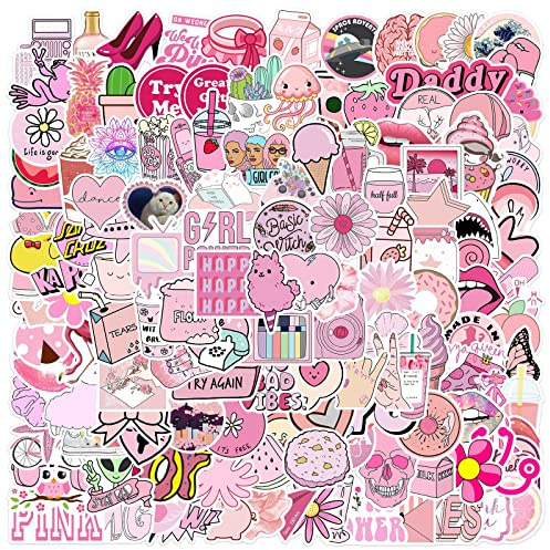 Aesthetic Stickers for Pink Girls 150 PCS Variety of Pink Stickers Decals for Laptop Water Bottle Bicycle Helmet Luggage,Waterproof Vinyl Sticker Pack Gift for Kids Teens Girls