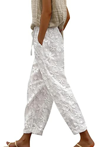 Damen High Waist Leinenhose Sommer Baggy 7/8 Lose Leinen Baumwolle Hose für Frauen Sommerhose Damen Leicht Luftige Stoffhose Freizeithose Pumphose Yogahose Jogginghose Sporthose