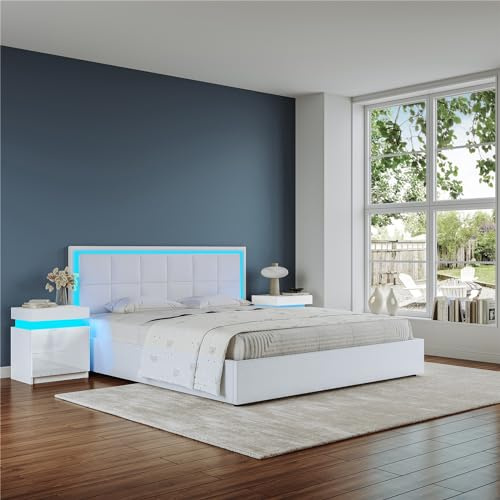 Senvoziii Ottoman Lift Storage Bed Frame with LED Headboard, 4FT Small Double Size Bed Frame, Faux Leather Upholstered Bed Frame with Gas Lift Up Storage, for Bedroom Furniture, White