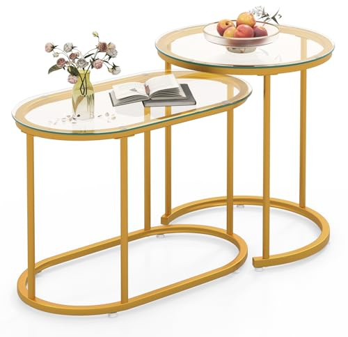 COSTWAY Nesting Coffee Tables Set of 2, Tempered Glass Stackable Sofa Side Table with Metal Frame, Modern Accent Snack Tea End Table for Living Room Bedroom
