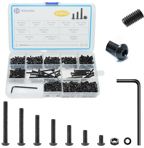 WZHUIDA 630 Stück M3 Schrauben Set, Schwarz Metrisch Linsenkopfschrauben Innensechskant Schrauben Muttern und Unterlegscheiben Sortiment Set, Gewindemaschinen Sechskantschrauben