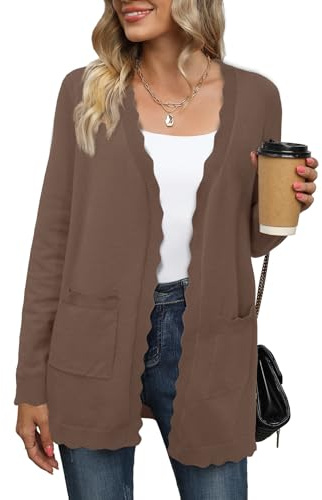Newshows Cardigans for Women UK Lightweight Long Sleeve V Neck Scalloped Open Front Knit Winter Cardigan with Pocket