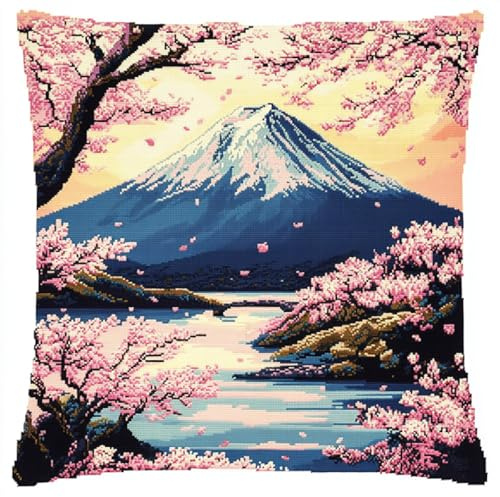 ANSIWEIGO Latch Hook Juego de cojines de 43 x 43 cm, Fuji-Berg, Japón, cojín de nudos con funda de almohada para anudar uno mismo para niños y adultos, juego de anudado hecho a mano, alfombra de nudos