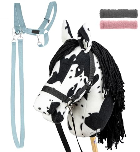 SKIPPI Set Hobby Horse Pío Negro con Cabestro Azul Claro, A3 Gran Caballo de Palo y Hobby Horse Accesorios, 2 Cabestros, 2 Riendas, 2 Protectores de Forro Polar