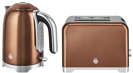 Swan Solace Kitchen Set, 1.7L Rapid Boil Kettle with High Gloss Finish and 930W 2-Slice Toaster with 7 Browning Levels, Copper with Chrome Trim, SK19026COP & ST19031COP