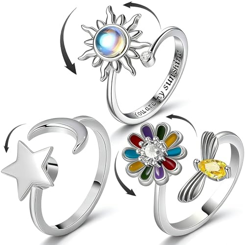 nuneoeuo 3PCS Anxiety Spin Rings Set, Anxiety Rings for Women, Adjustable Silver Ring with Spinner Flower & Bee, Adjustable Open Butterfly Moon and Star Fidget Spinner Ring, Birthday Party Gifts