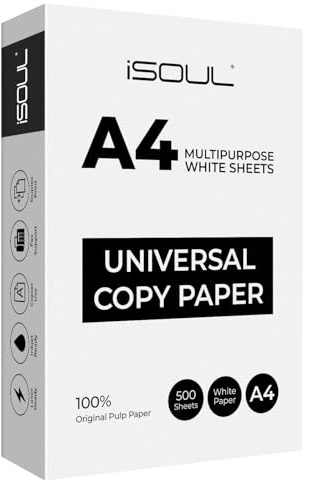 iSOUL Printer Paper, A4 Copy Paper, Printer Paper, Printer Copiers Paper, Compatible with Laser, Inkjet, Fax Paper, Perfect for Home & Office Use, White 500 Sheets Count