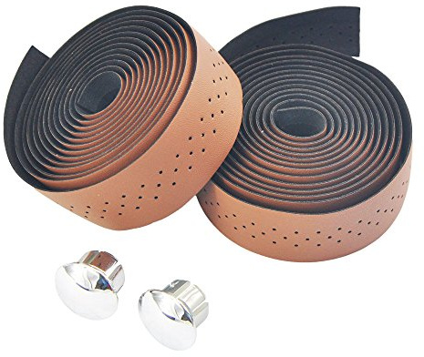 UPANBIKE - Nastro per manubrio di bicicletta, in pelle sintetica con forellini, per bici da strada a cambio fisso (2 pezzi/set), Marrone