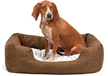 lionto Hundekörbchen mit Flauschigem Wendekissen, 80 x 60 cm, Braun | Robustes Haustierbett in meliertem Design mit tiefem Einstieg für Hunde & Katzen aller Größen, pflegeleichtes Material