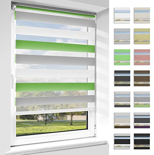 OUBO Doppelrollo Klemmfix ohne Bohren Grün-grau-weiß B95 x H130cm (Stoffbreite: 91cm), Duo Rollo für Fenster und Tür, Fensterrollo Sonnenschutz & Sichtschutz