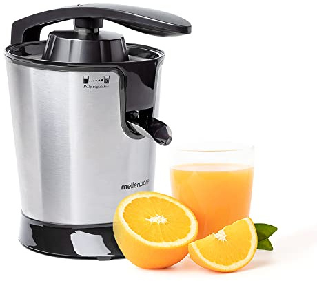 Mellerware - Spremiagrumi elettrico Professionale Juicy! 2022 | 300 W | Mixer con accessori | 4 Lame | Estrattore con Velocità Regolabile e Turbo | Sistema Anti-Schizzo | Acciaio Inox | Finiture Nere