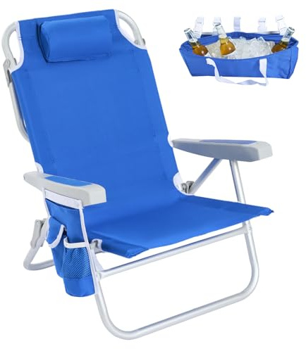 SUNNYFEEL Low Beach Chair, 5-Position Lay Flat Reclining, Backpack Portable Folding Chair with Cooler Bag & Cup Holder, Heavy Duty 350 LBS, Compact for Beach, Camping, Travel (New Blue)