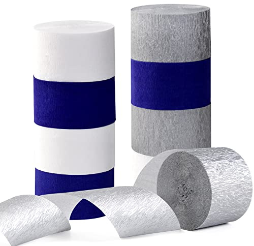 Navy-Blue White- Silver Crepe Paper Streamers - 9 Rolls Royal Blue Graduation 2025 Men Boy Birthday Party Decorations Streamer Wedding Bridal Shower Paper Garland Fathers Day Decor Panduola