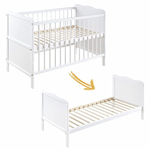 Cuna Bebe con Cajón - Cuna Bebe Madera con Barandillas de Protección - 60x120cm - Regulable en Altura - Cuna para Bebe Convertible en Cama Infantil - Cuna de Bebe para Niñas y Niños Blanco